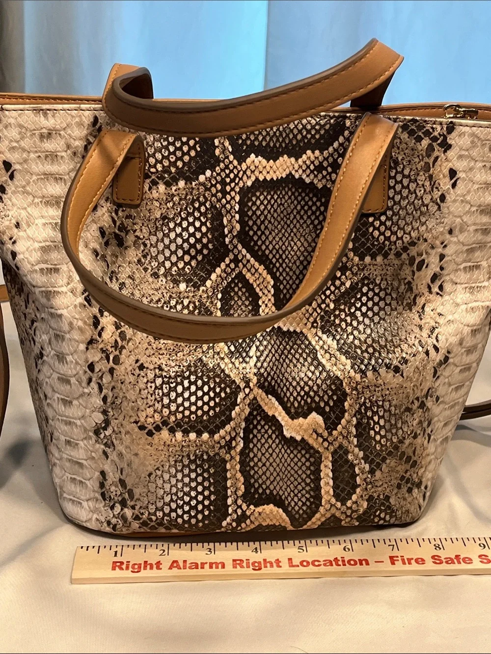 Anne Klein Snake Print Satchel Tote Crossbody Bag Tan Faux Leather